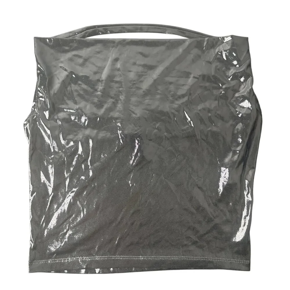 Y2K Silver Metallic Halter Cowl Neck Top Liquid Shine Going Out Party - Picture 10 of 14